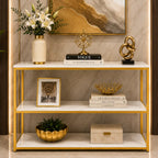 3-Tier White Marble Console Table with Golden Finish