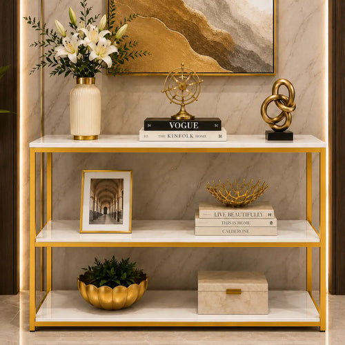 3-Tier White Marble Console Table with Golden Finish