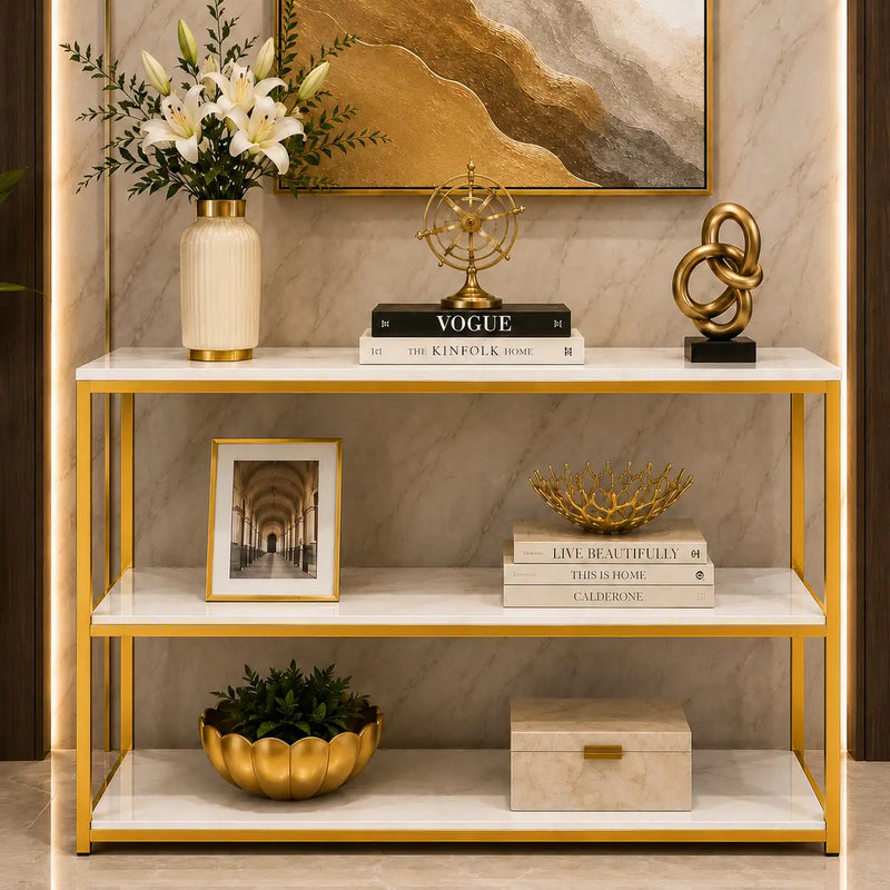 3-Tier White Marble Console Table with Golden Finish