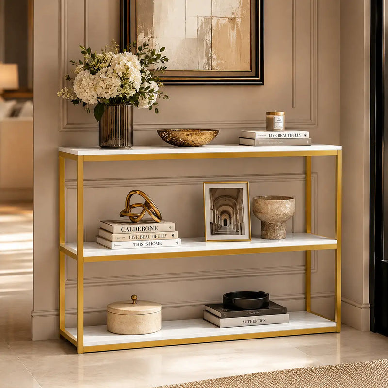 3-Tier White Marble Console Table with Golden Finish