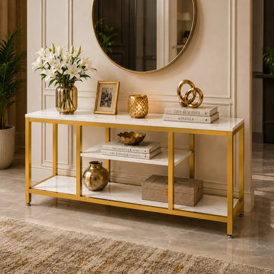 5-Tier Rectangle White Marble Gold Entryway Console Table