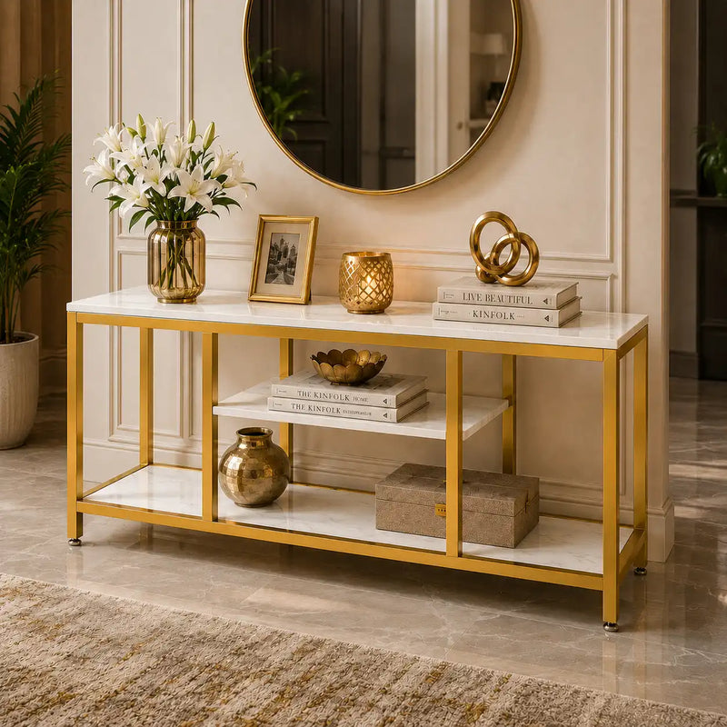 5-Tier Rectangle White Marble Gold Entryway Console Table