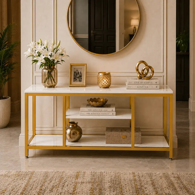 5-Tier Rectangle White Marble Gold Entryway Console Table