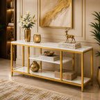 5-Tier Rectangle White Marble Gold Entryway Console Table