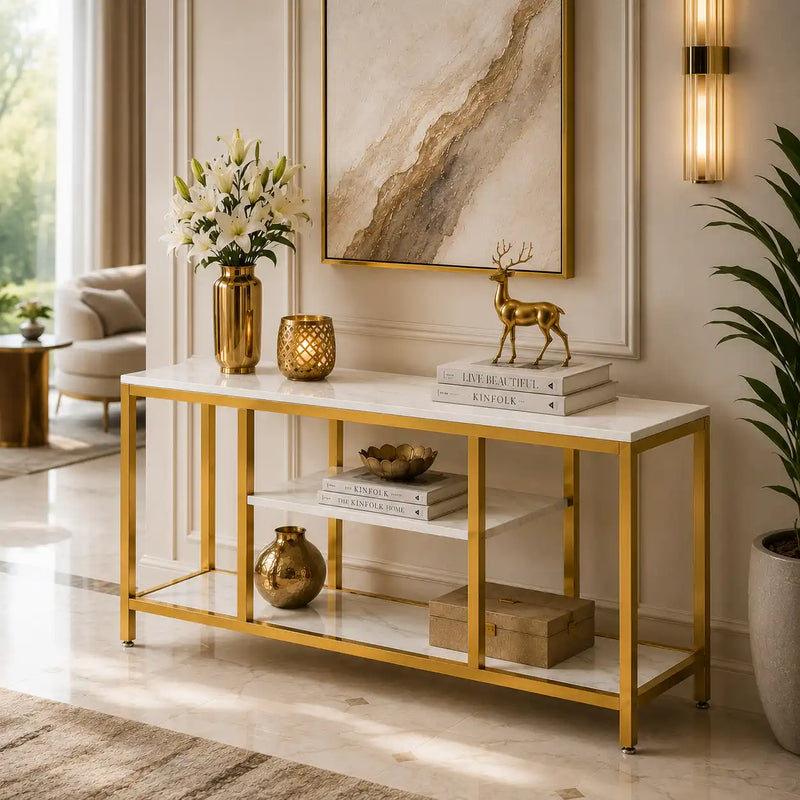 5-Tier Rectangle White Marble Gold Entryway Console Table