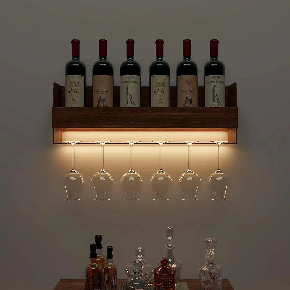 Backlit MDF Bar Mini Bar Shelf Cabinet in Walnut Finish