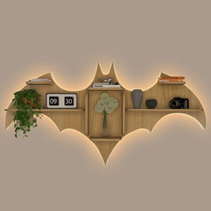 Bat Shape Backlit Designer Wooden Wall Shelf Book Shelf Night Light, Light Oak Finish