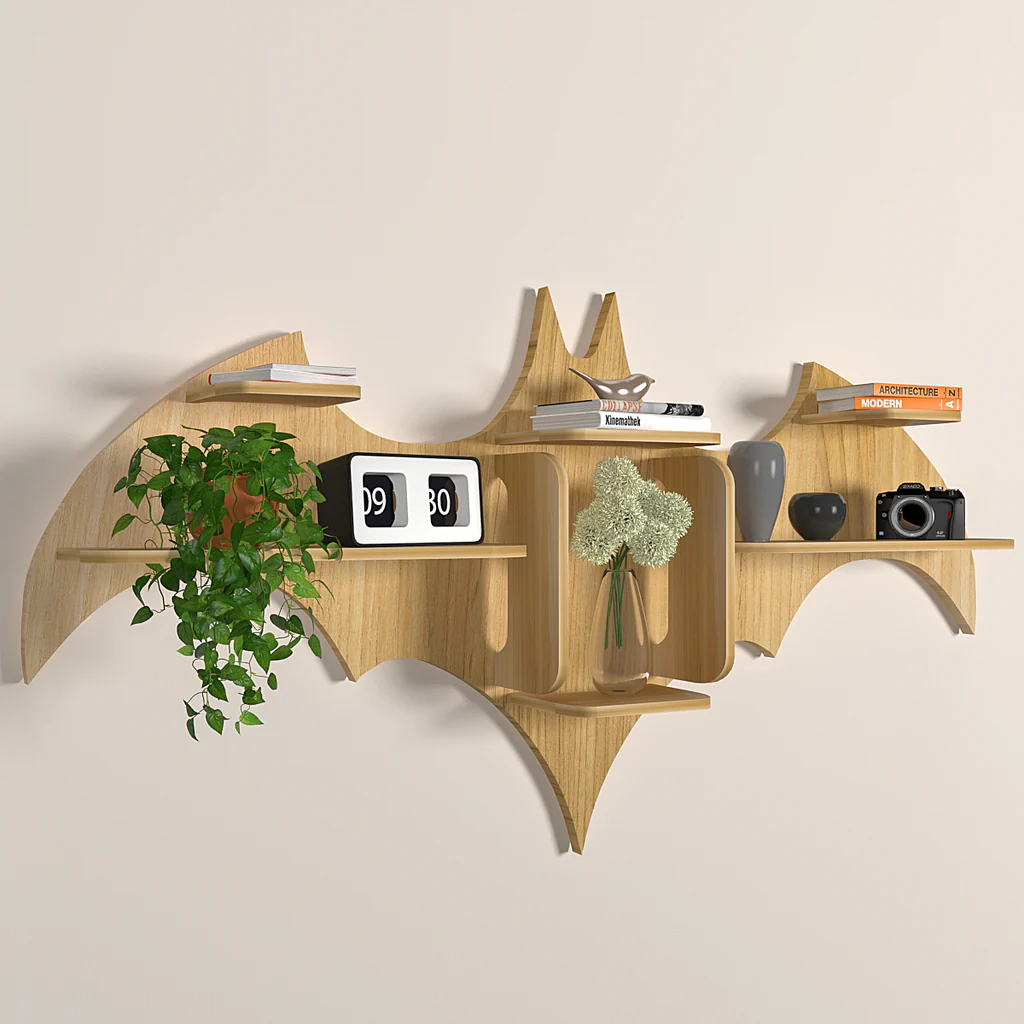 Bat Shape Backlit Designer Wooden Wall Shelf Book Shelf Night Light