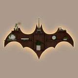 Bat Shape Backlit Designer Wooden Wall Shelf Book Shelf Night Light, Walnut Finish