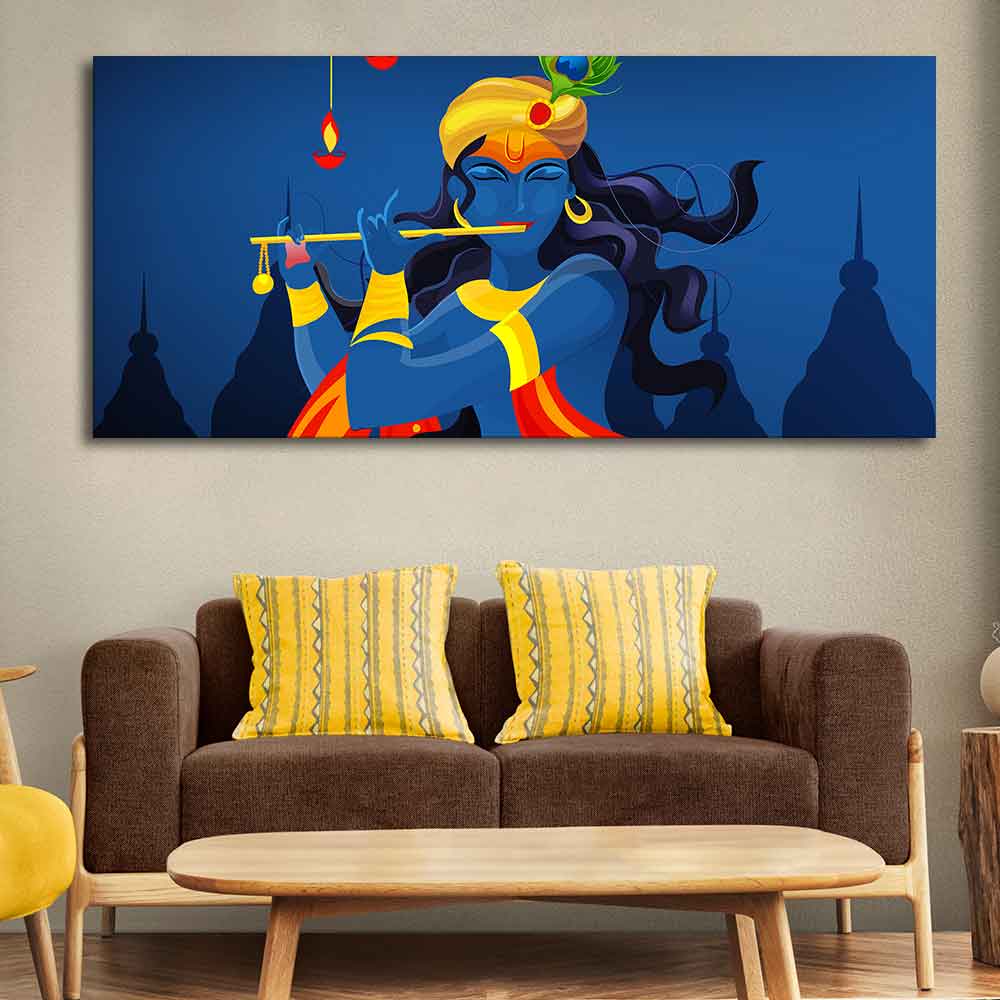 Beautiful Abstract Art of Lord Krishna Flute Large Canvas Wall Painting