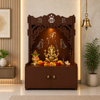 Beautiful Design of Shri Ganesh Floor Temple with Spacious Wooden Shelf & Inbuilt Focus Light- Brown Finish