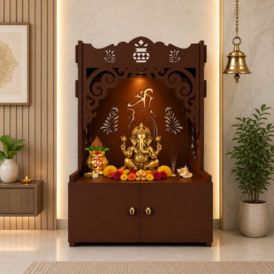 Beautiful Design of Shri Ganesh Floor Temple with Spacious Wooden Shelf & Inbuilt Focus Light- Brown Finish