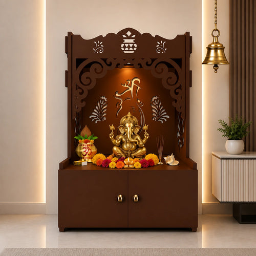 Beautiful Design of Shri Ganesh Floor Temple with Spacious Wooden Shelf & Inbuilt Focus Light- Brown Finish