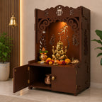 Beautiful Design of Shri Ganesh Floor Temple with Spacious Wooden Shelf & Inbuilt Focus Light- Brown Finish