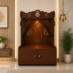 Beautiful Design of Shri Ganesh Floor Temple with Spacious Wooden Shelf & Inbuilt Focus Light- Brown Finish