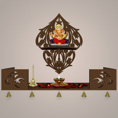 Beautiful Flower Art Designer Wall Hanging Wooden Temple/ Pooja Mandir Design with Shelf, Brown Color