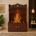Beautiful Flower Design Pattern Floor Temple with Spacious Wooden Shelf & Inbuilt Focus Light- Brown Finish