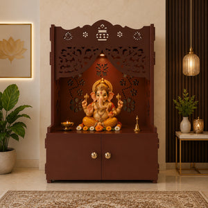 Beautiful Flower Design Pattern Floor Temple with Spacious Wooden Shelf & Inbuilt Focus Light- Brown Finish