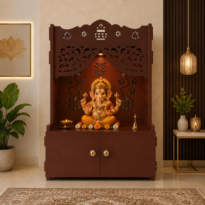 Beautiful Flower Design Pattern Floor Temple with Spacious Wooden Shelf & Inbuilt Focus Light- Brown Finish