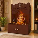 Beautiful Flower Design Pattern Floor Temple with Spacious Wooden Shelf & Inbuilt Focus Light- Brown Finish