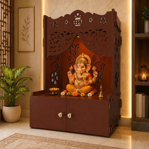 Beautiful Flower Design Pattern Floor Temple with Spacious Wooden Shelf & Inbuilt Focus Light- Brown Finish
