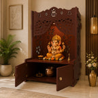 Beautiful Flower Design Pattern Floor Temple with Spacious Wooden Shelf & Inbuilt Focus Light- Brown Finish