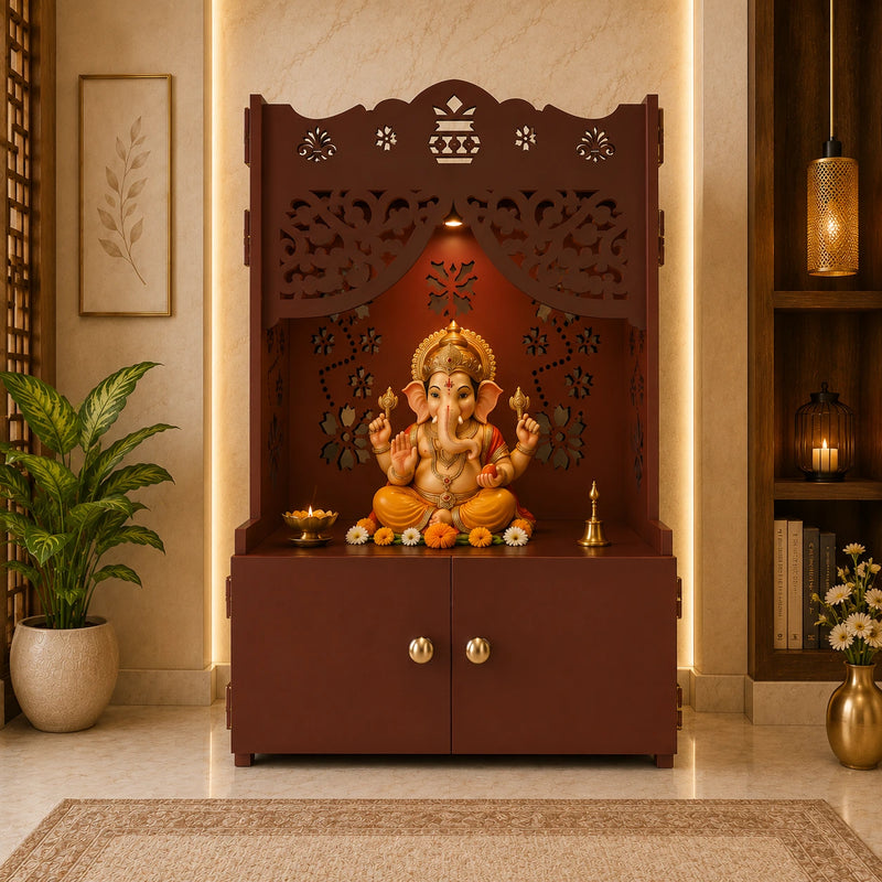 Beautiful Flower Design Pattern Floor Temple with Spacious Wooden Shelf & Inbuilt Focus Light- Brown Finish