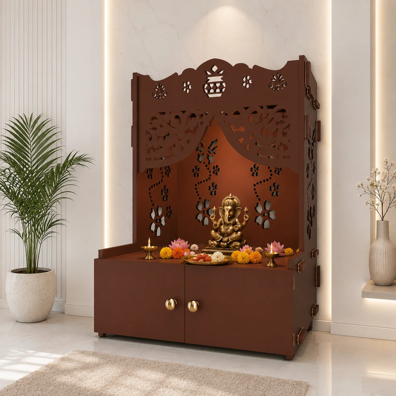 Beautiful Flower Design Pattern Floor Temple with Spacious Wooden Shelf & Inbuilt Focus Light- Brown Finish