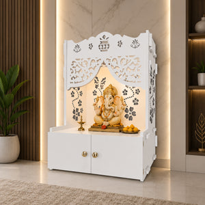 Beautiful Flower Design Pattern Floor Temple with Spacious Wooden Shelf & Inbuilt Focus Light- White Finish