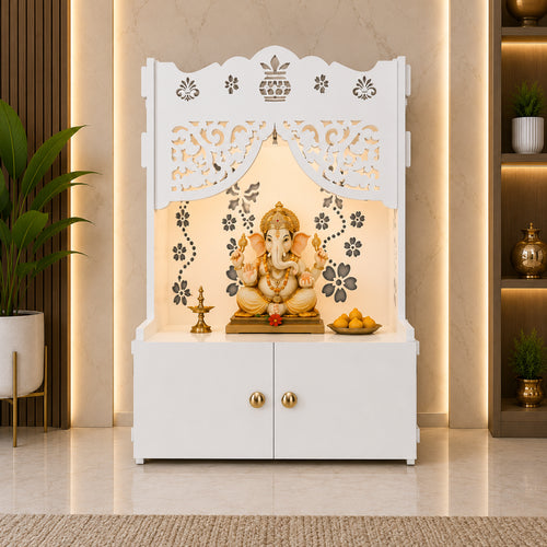 Beautiful Flower Design Pattern Floor Temple with Spacious Wooden Shelf & Inbuilt Focus Light- White Finish