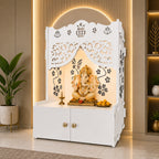 Beautiful Flower Design Pattern Floor Temple with Spacious Wooden Shelf & Inbuilt Focus Light- White Finish