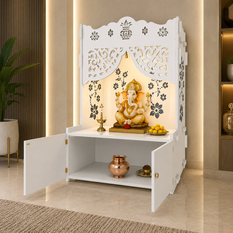 Beautiful Flower Design Pattern Floor Temple with Spacious Wooden Shelf & Inbuilt Focus Light- White Finish