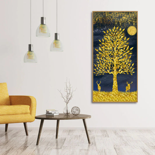 Beautiful Golden Tree and Moon with Deers Premium Canvas Wall Painting