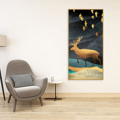 Beautiful Golden Walking Deer Premium Canvas Wall Painting