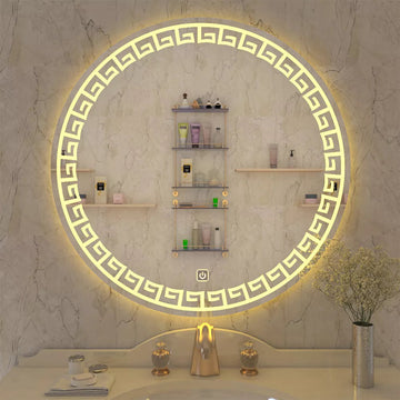 Beautiful Greek Key Motif LED Round Shape Bathroom Mirror