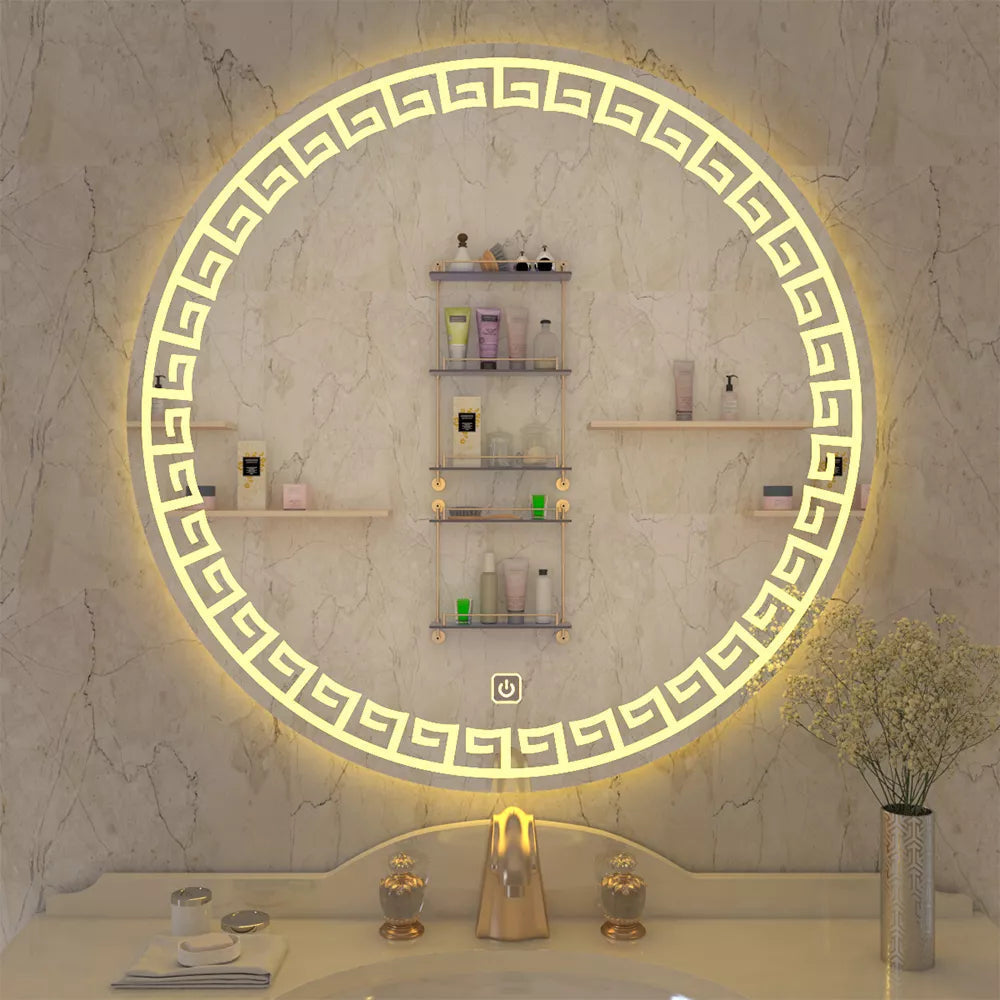 Beautiful Greek Key Motif LED Round Shape Bathroom Mirror