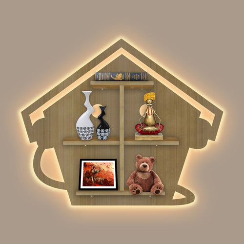 Beautiful Hut with Listening Music Wooden LED Light Wall Shelf with Oak Finish