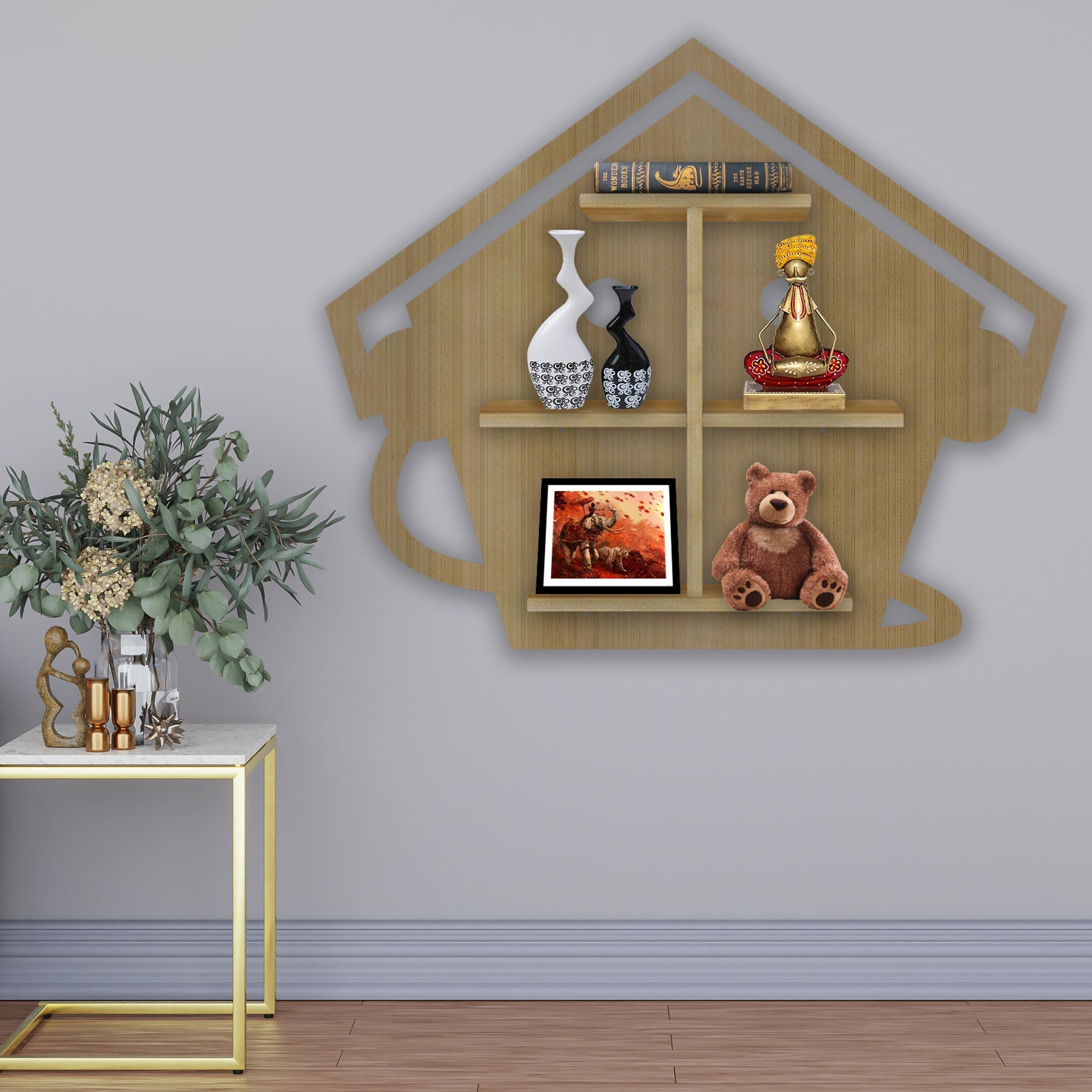 Beautiful Hut with Wooden LED Light Wall Shelf with Oak Finish