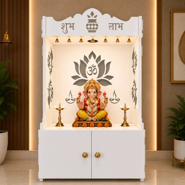Beautiful Lotus Pattern Floor Temple with Spacious Wooden Shelf & Inbuilt Focus Light- White Finish