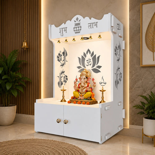 Beautiful Lotus Pattern Floor Temple with Spacious Wooden Shelf & Inbuilt Focus Light- White Finish