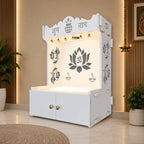 Beautiful Lotus Pattern Floor Temple with Spacious Wooden Shelf & Inbuilt Focus Light- White Finish