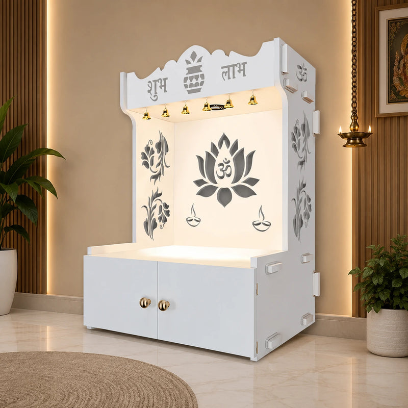 Beautiful Lotus Pattern Floor Temple with Spacious Wooden Shelf & Inbuilt Focus Light- White Finish