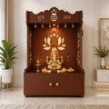 Beautiful Lotus Pattern Floor Temple with Spacious Wooden Shelf & Inbuilt Focus Light- Brown Finish
