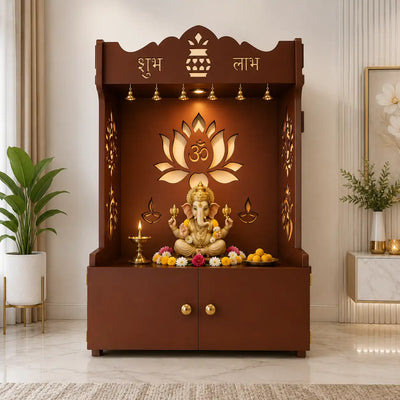 Beautiful Lotus Pattern Floor Temple with Spacious Wooden Shelf & Inbuilt Focus Light- Brown Finish