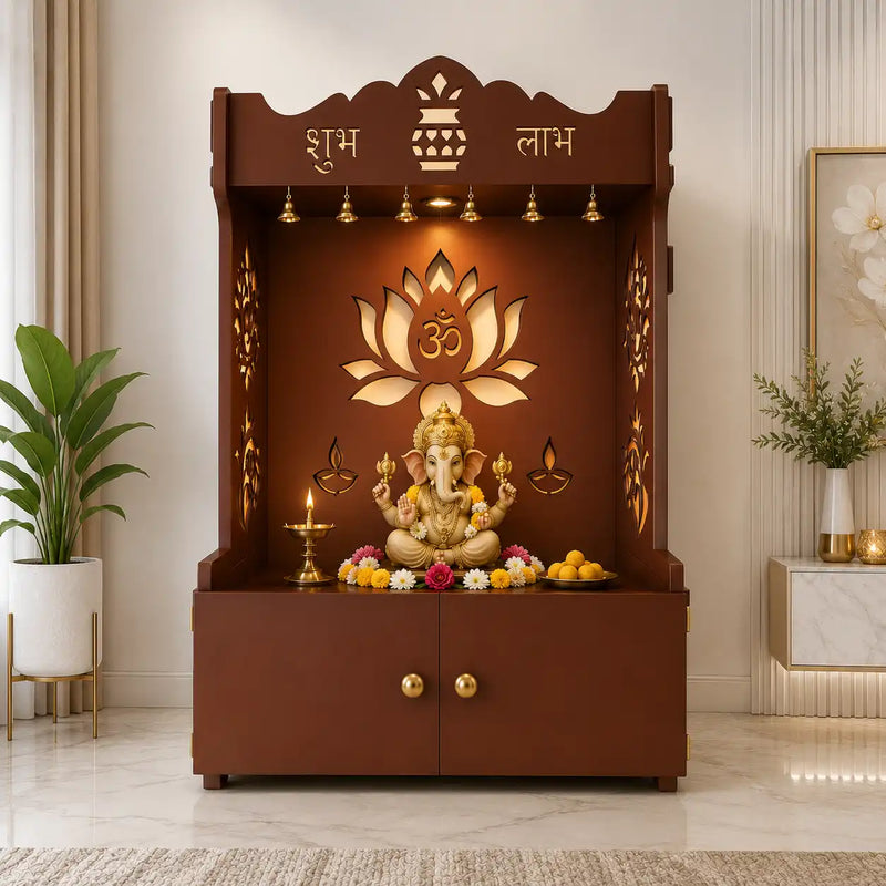 Beautiful Lotus Pattern Floor Temple with Spacious Wooden Shelf & Inbuilt Focus Light- Brown Finish