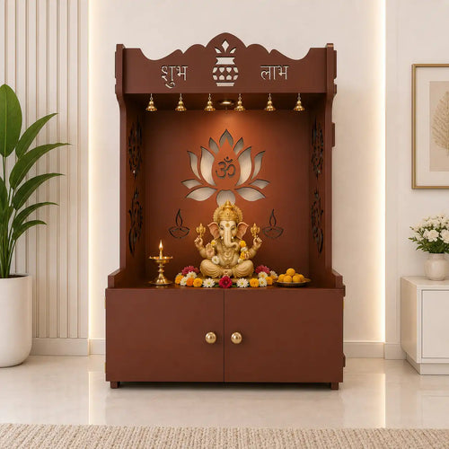 Beautiful Lotus Pattern Floor Temple with Spacious Wooden Shelf & Inbuilt Focus Light- Brown Finish
