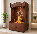 Beautiful Lotus Pattern Floor Temple with Spacious Wooden Shelf & Inbuilt Focus Light- Brown Finish