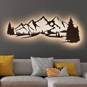 Beautiful Mountain Scenery Backlit Wooden Wall Decor with LED Night Light Walnut Finish