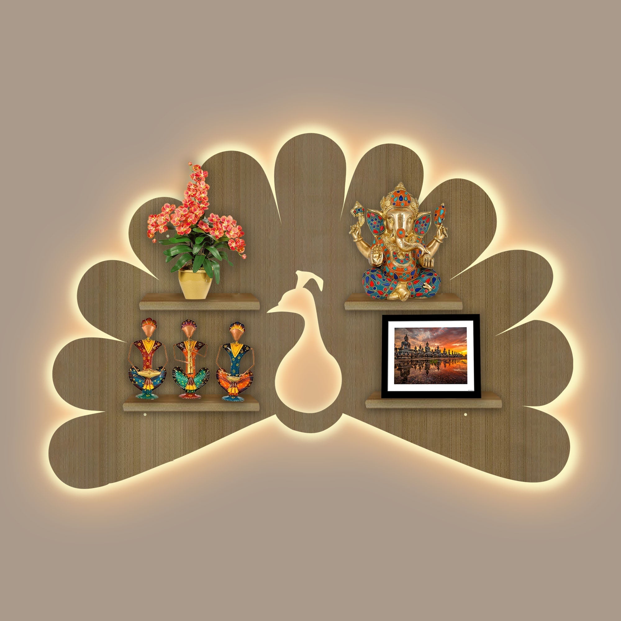 Beautiful Peacock Shape Wooden LED Light Wall Shelf with Oak Finish