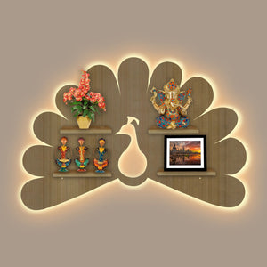 Beautiful Peacock Shape Wooden LED Light Wall Shelf with Oak Finish